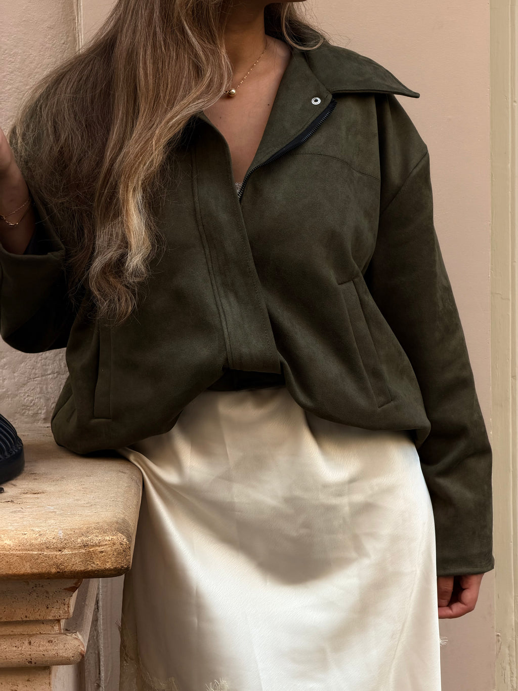 Oversized Suede Jacket in olive